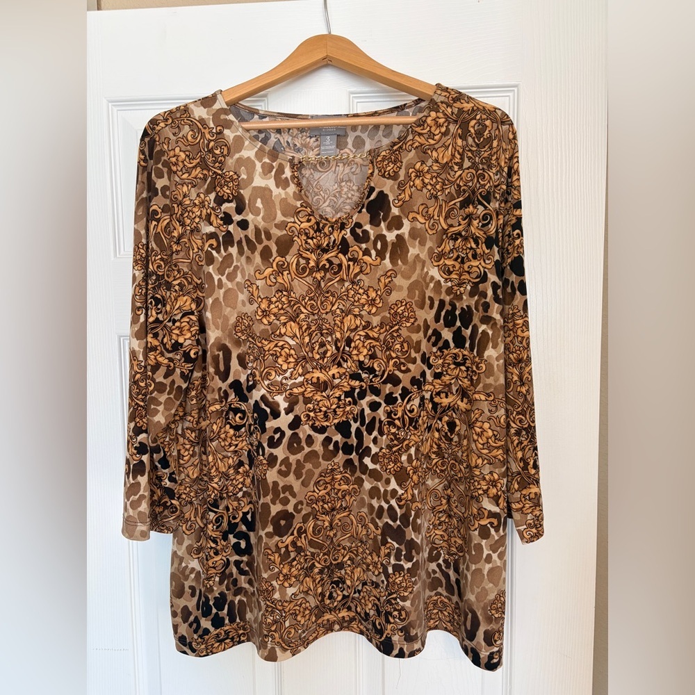 Travelers By Chico’s Gold Chain Tunic Top Size 3 (Large) Animal Print Damask G4